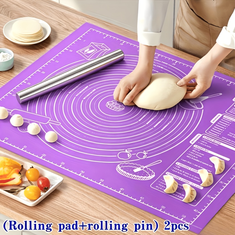 Kitchen Roll Baking - 2個入りシリコン生地マット＆ローリングピンベーキングセット、60x46.5cm測定済み滑り止め耐熱ペストリーマット（キッチンベーキング用）