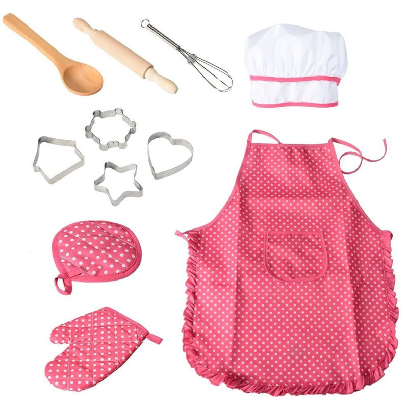 Baking Kitchen Set Up - 子供のためのベーキングエプロン、シェフのドレスの服、調理器具、エプロン手袋、帽子セット、キッチンプレイハウスDIYおもちゃ、11個