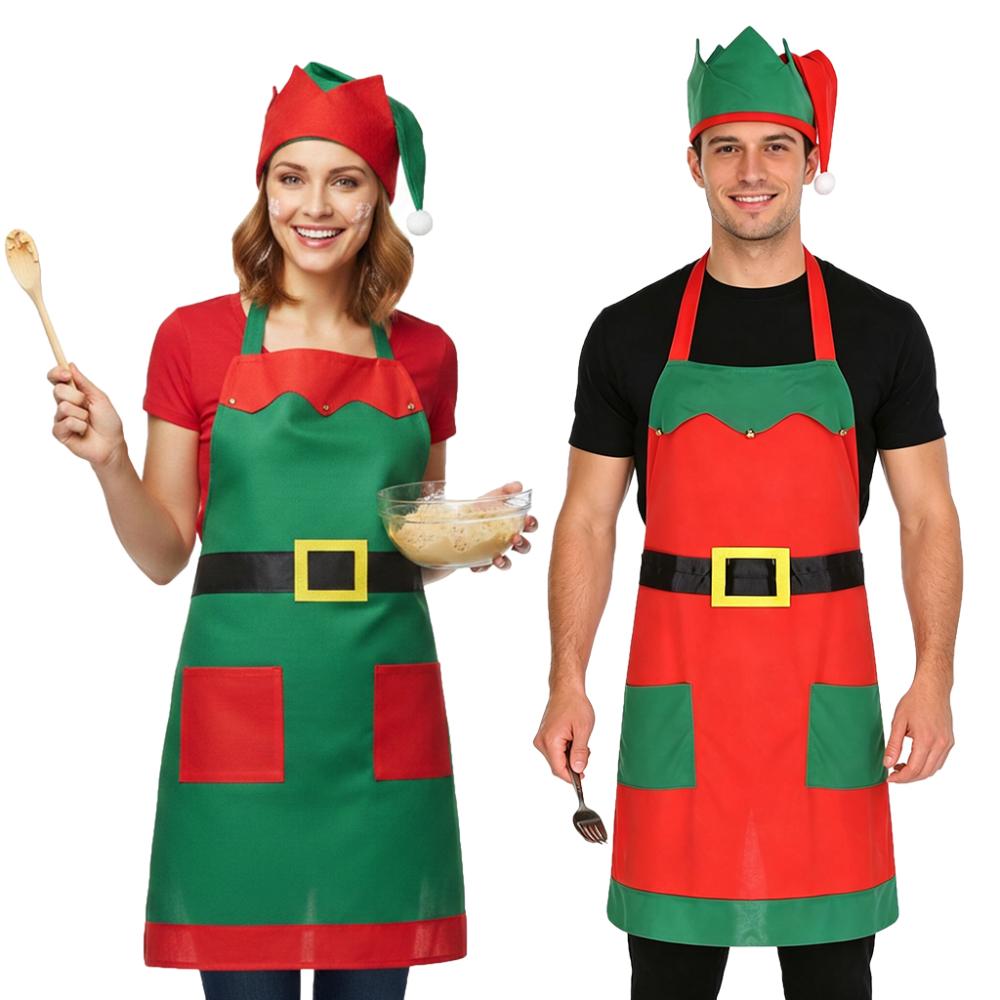 Kitchen Baking Unit - クリスマスエルフのキッチンエプロンセット。帽子、サンタのヘルパー、料理や製菓に使える赤と緑のポケット付きベルトエプロン。クリスマスやホリデーシーズンのコスプレアクセサリーに。