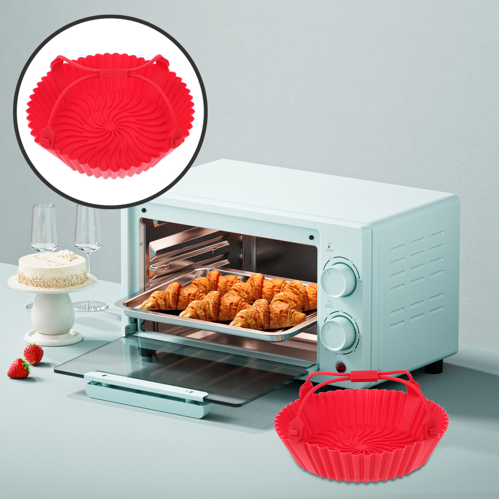 Kitchen Baking Tray - シリコン製耐熱ベーキングトレイ。エアフライヤー用。再利用可能で焦げ付き防止。持ち運び可能なキッチン用鍋敷き。再利用可能なシリコン製鍋。