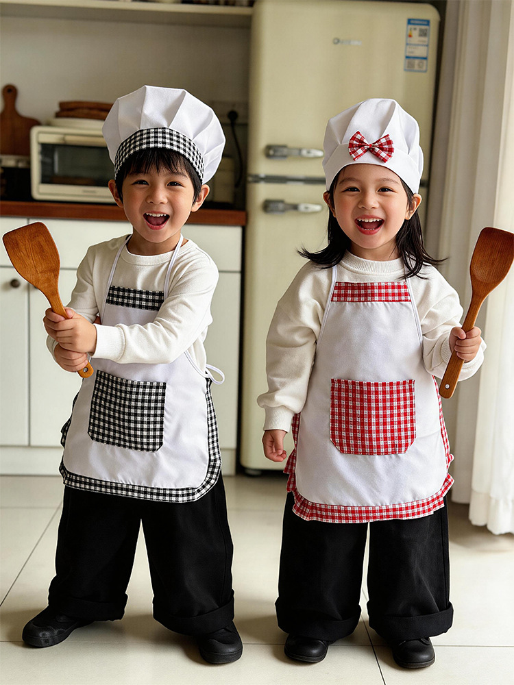 Baking Kitchen Set Up - 2ピース格子柄キッズシェフエプロンと帽子セット、キュートなチェック柄の料理コスチューム、ベーキング、ロールプレイ、パーティー、ドレスアップ、キッチンゲーム用衣装