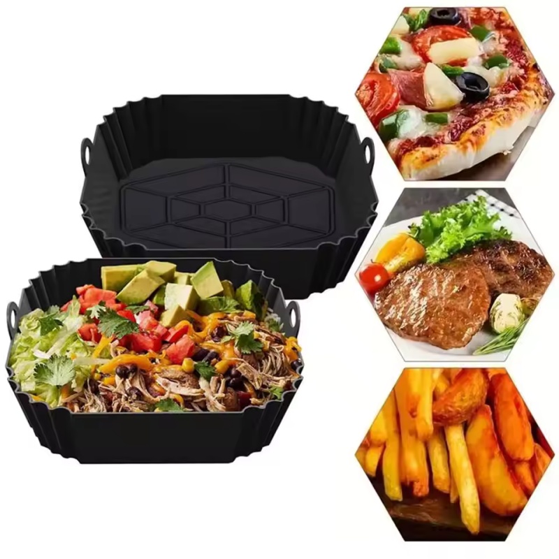 Kitchen Baking Tray - シリコン製エアフライヤーポットトレイ（ハンドル付き）1個、スクエアエアフライヤーベーキングパン、キッチンベーキング用再利用可能エアフライヤーライナー