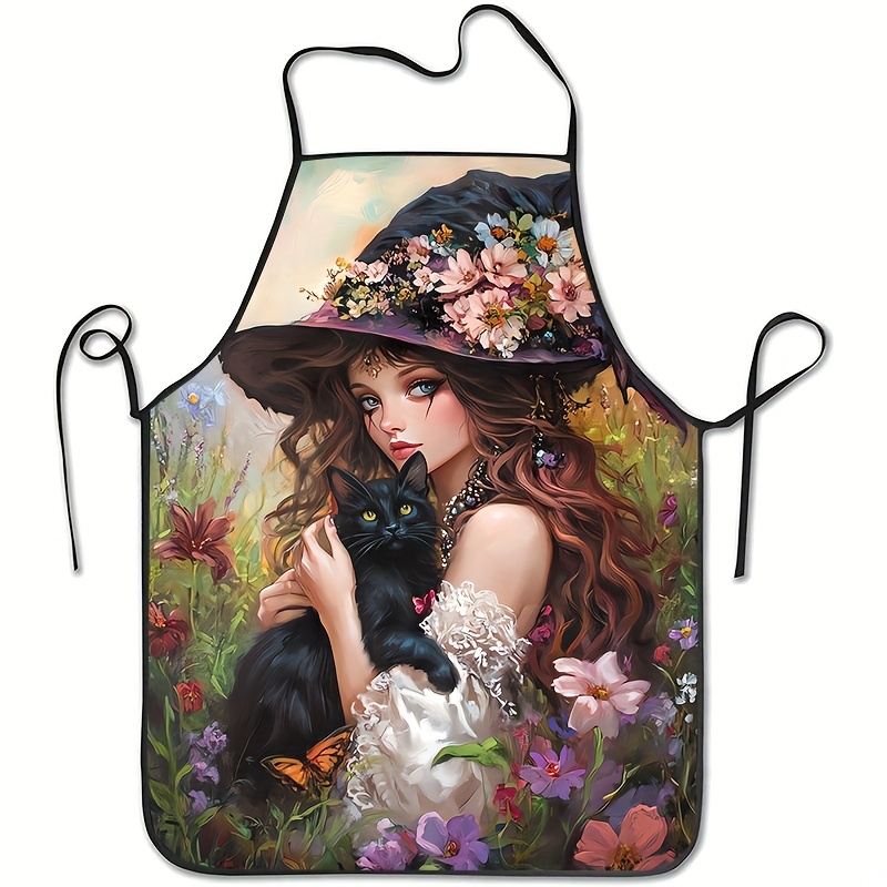 Kitchen Witch Baking - ヴィンテージ風の魔法使い黒猫をモチーフにしたプリント柄のエプロン。料理、お菓子作り、バーベキュー、家事など、キッチンでの様々な作業に適しています。