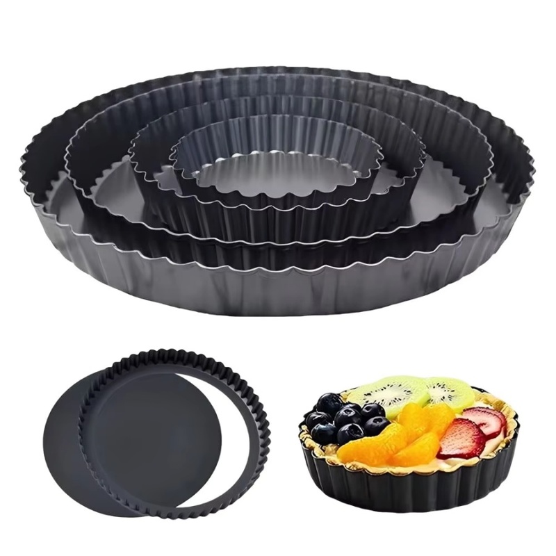 Kitchen Baking Tray - 1個入り 取り外し可能な底面溝付きタルトパン ノンスティック炭素鋼キッシュパイ型 波型エッジベーキングトレイ フルーツケーキ キッチンオーブン用